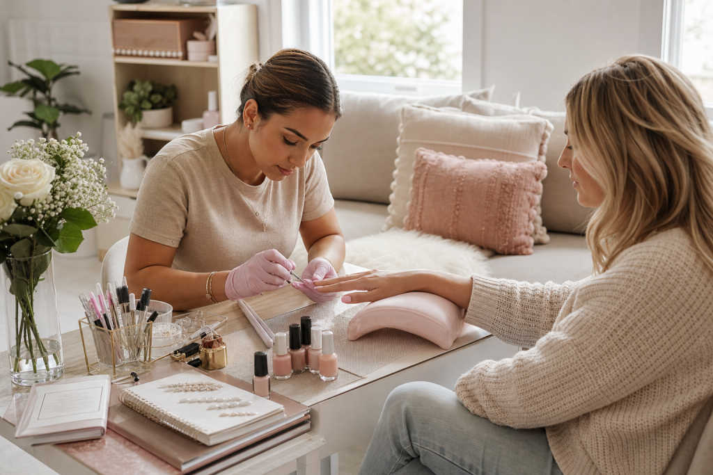 Editorial lifestyle photo of a skilled nail technician working at a client’s