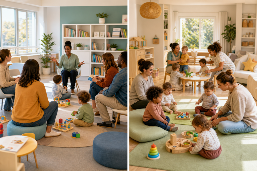 Editorial style educational illustration of two distinct childcare settings