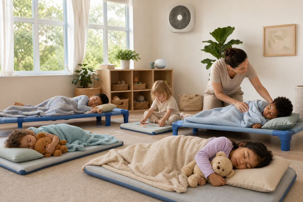Editorial style illustration of a calm childcare nap time protocol in a bright,