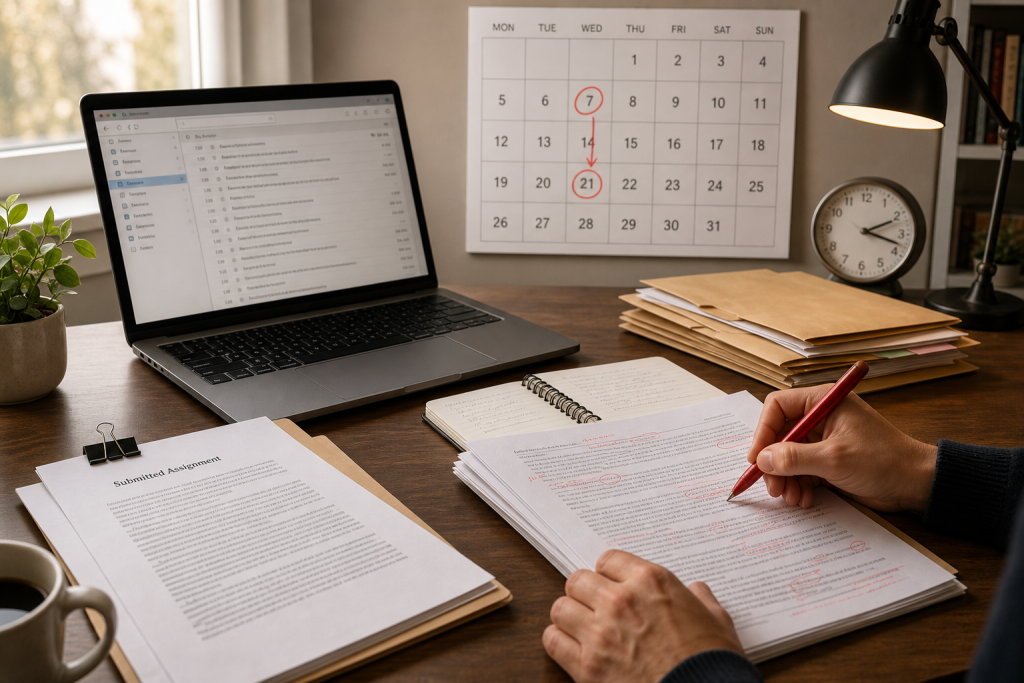 Editorial style illustration of an online assignment correction process: a