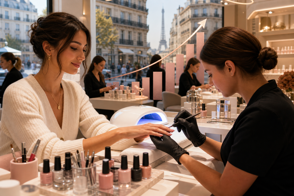 Editorial style illustration of the French nail care industry boom: a bright,