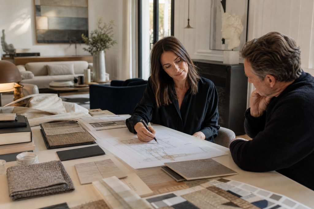 Editorial style interior design scene showing a creative interior architect at