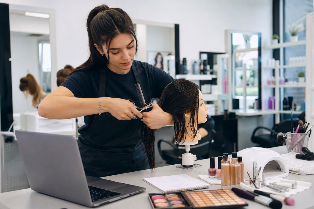Editorial style photo of a modern hairdressing training environment, a young