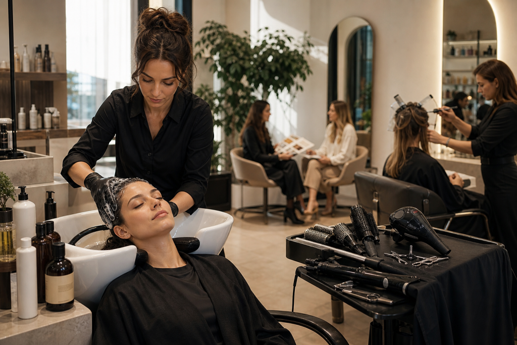 Editorial style realistic scene inside a modern, elegant hair salon showing a