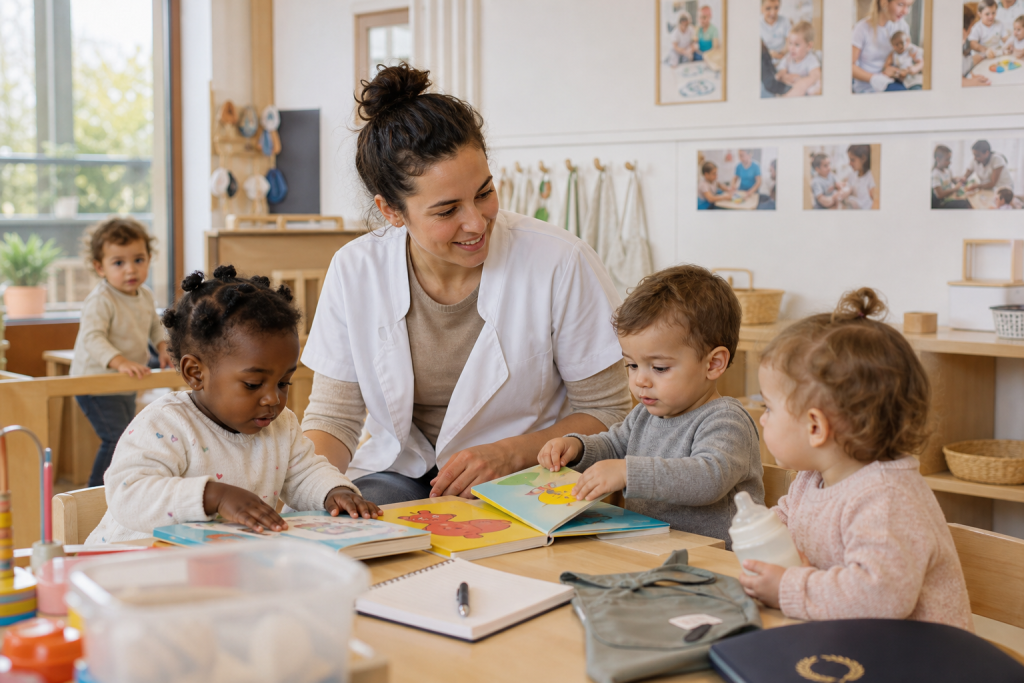 Editorial style scene in a bright French early childhood care setting, showing