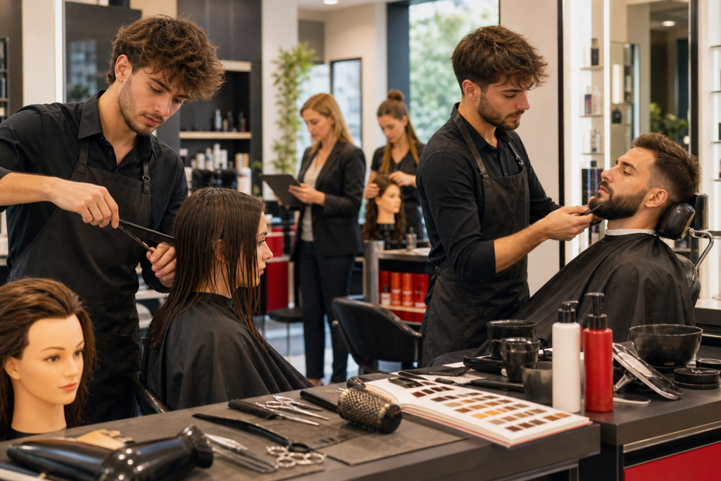 Editorial style scene inside a modern French hair salon, showing a young