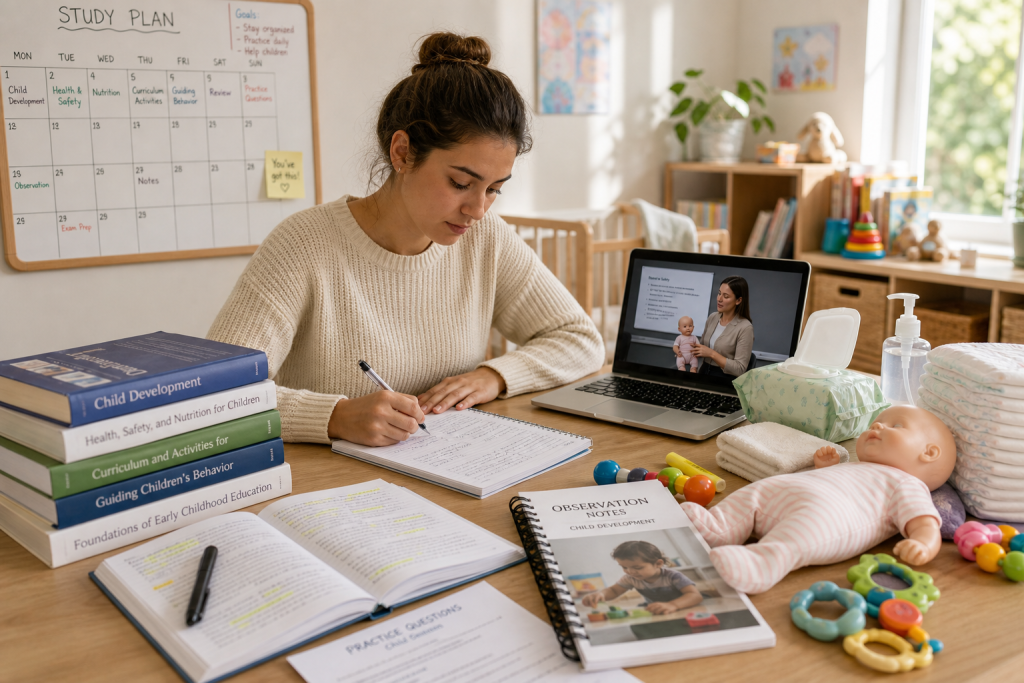Editorial style scene of an independent student preparing for a childcare