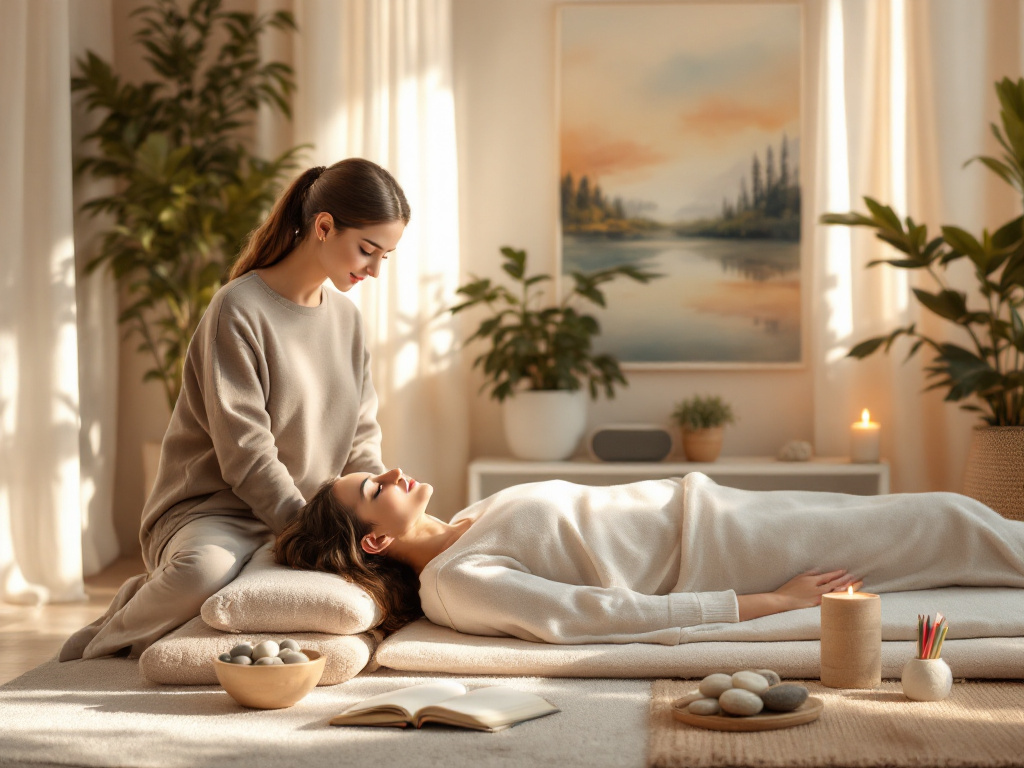 Generate a serene and inviting editorial style image depicting a moment of deep