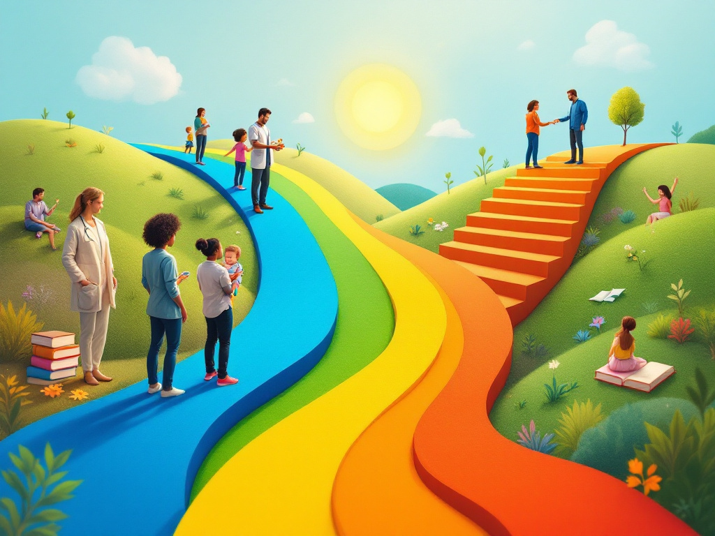 Generate a warm, aspirational editorial illustration depicting a diverse group