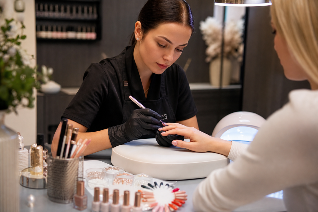 High end editorial image of a professional nail technician in a modern beauty