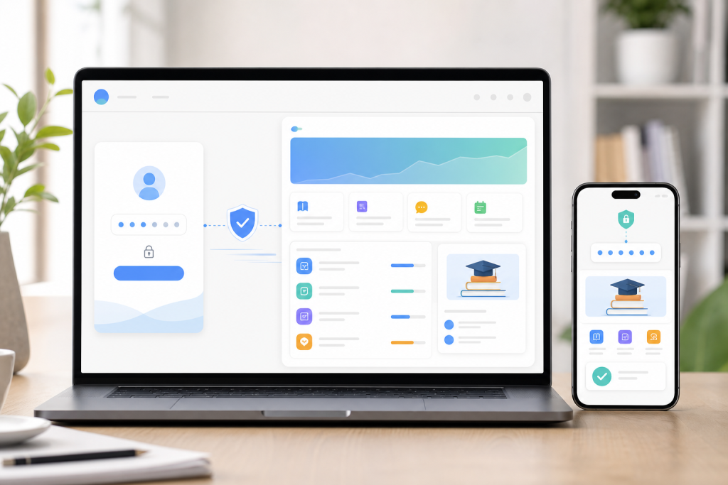 Modern educational website interface on a laptop and smartphone, showing a