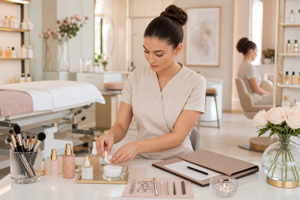 An editorial style image of a modern beauty school exam scene for a 1024x683
