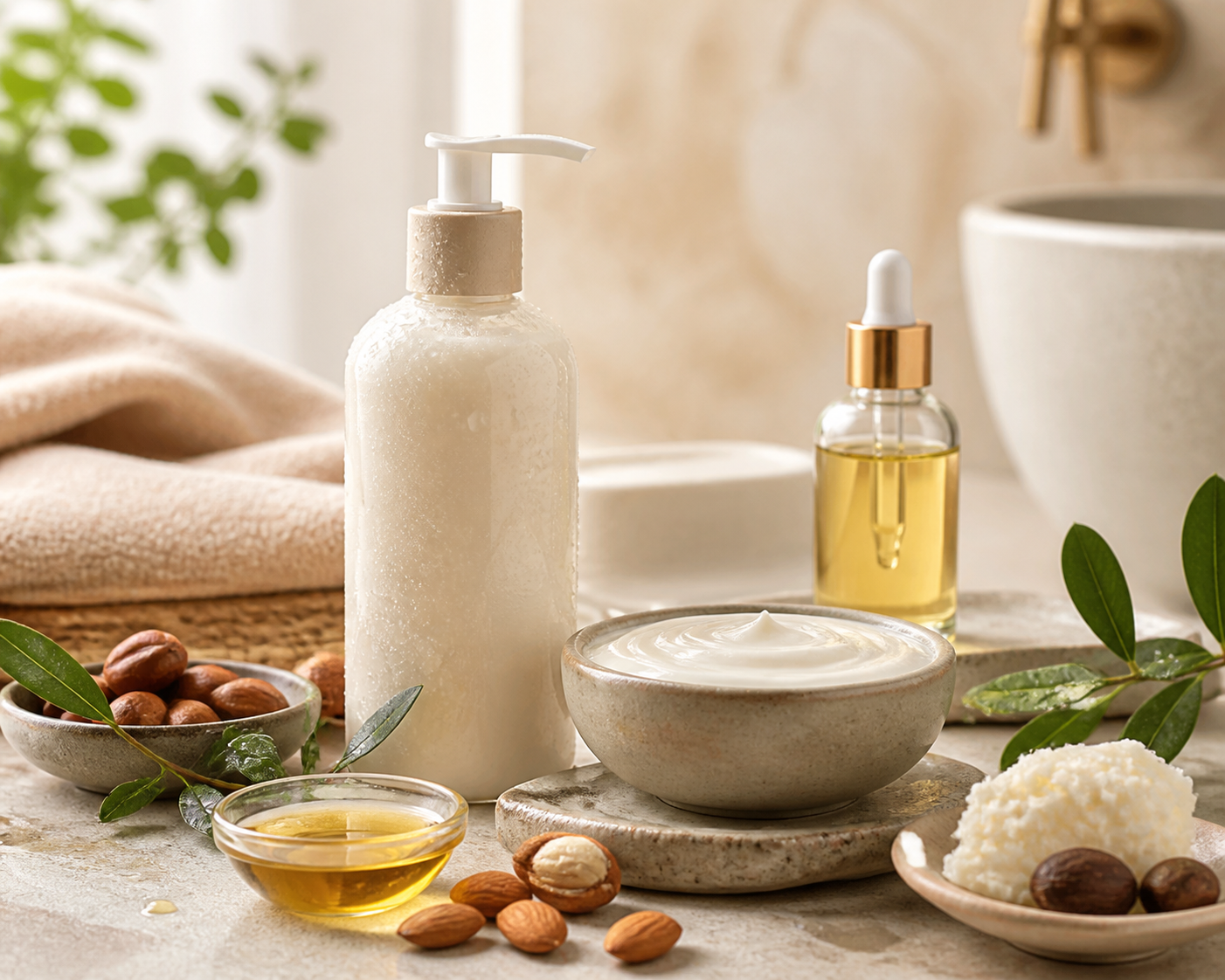 Create a refined editorial beauty still life for a skincare article about
