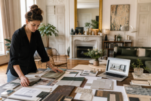 Create a sophisticated editorial photograph of a self taught female interior