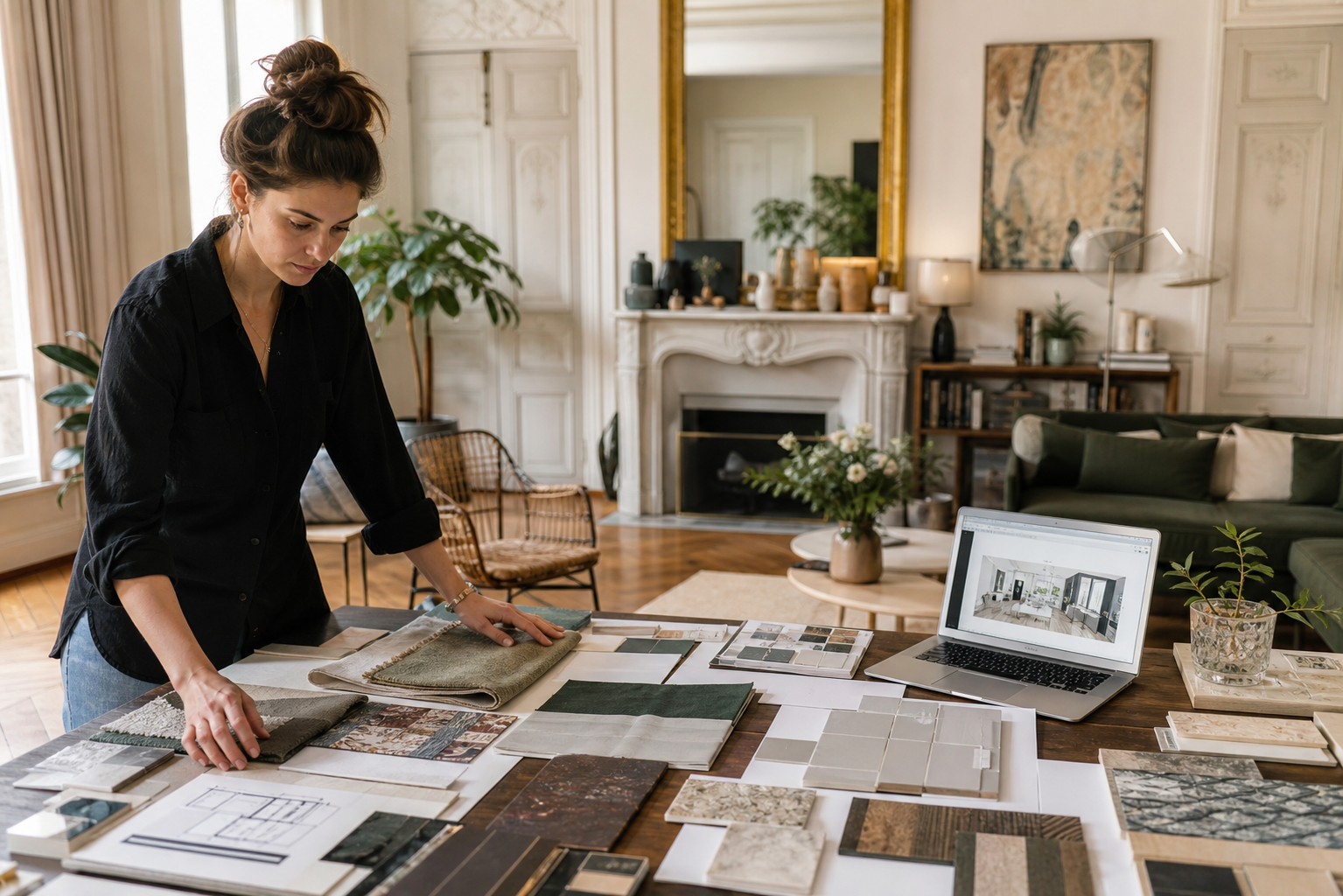 Create a sophisticated editorial photograph of a self taught female interior