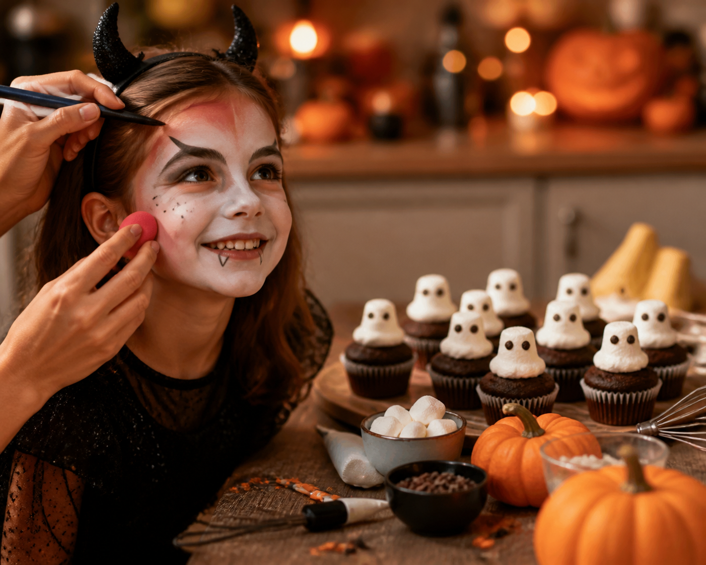 Crée une image éditoriale festive sur le thème « maquillage et cupcakes