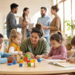 Créer une image éditoriale chaleureuse et réaliste dans une crèche lumineuse :
