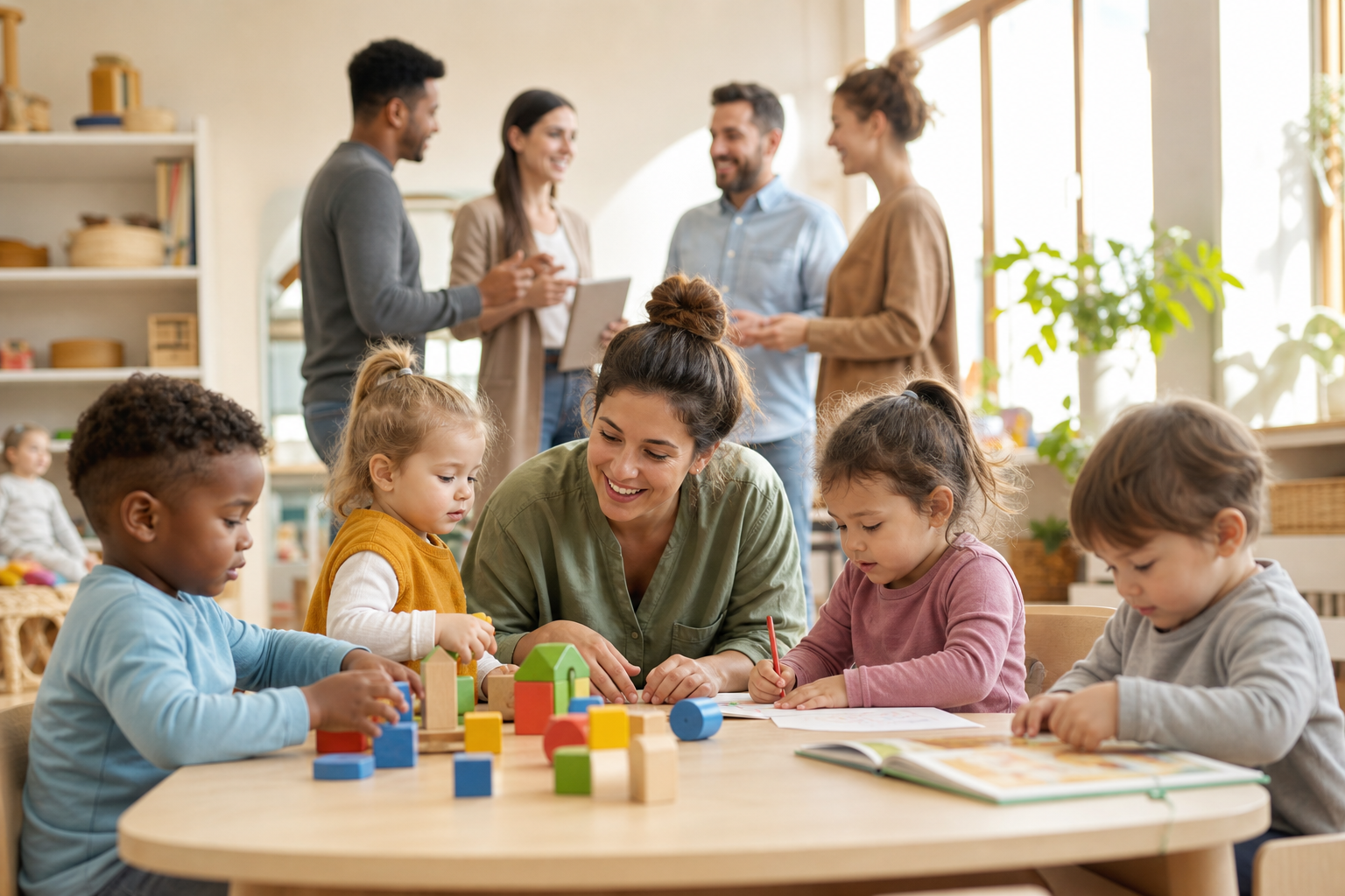 Créer une image éditoriale chaleureuse et réaliste dans une crèche lumineuse :