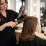 Créer une image éditoriale de coiffure professionnelle montrant une coiffeuse