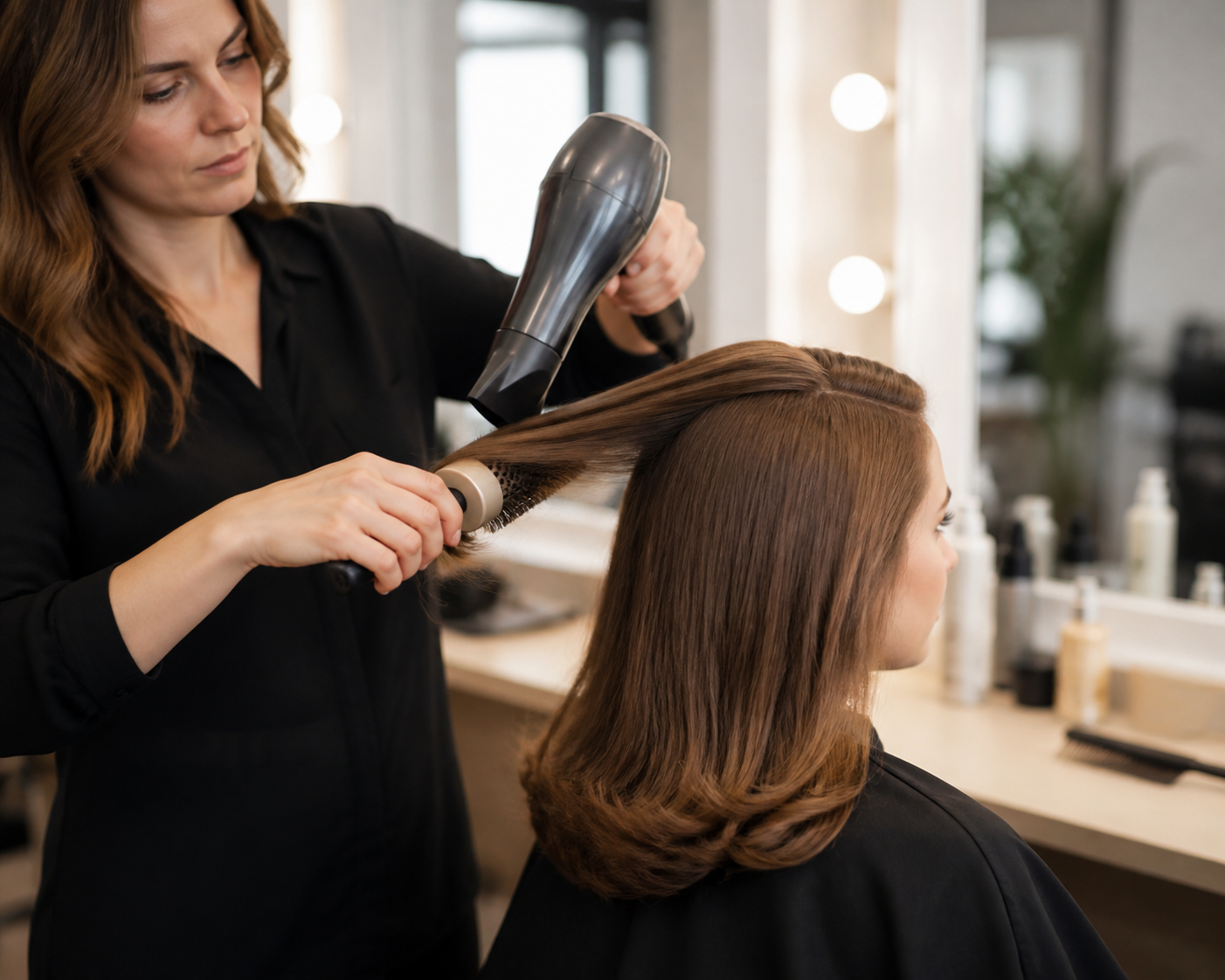Créer une image éditoriale de coiffure professionnelle montrant une coiffeuse