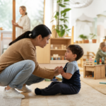 Créer une image éditoriale réaliste et chaleureuse dans une crèche lumineuse,