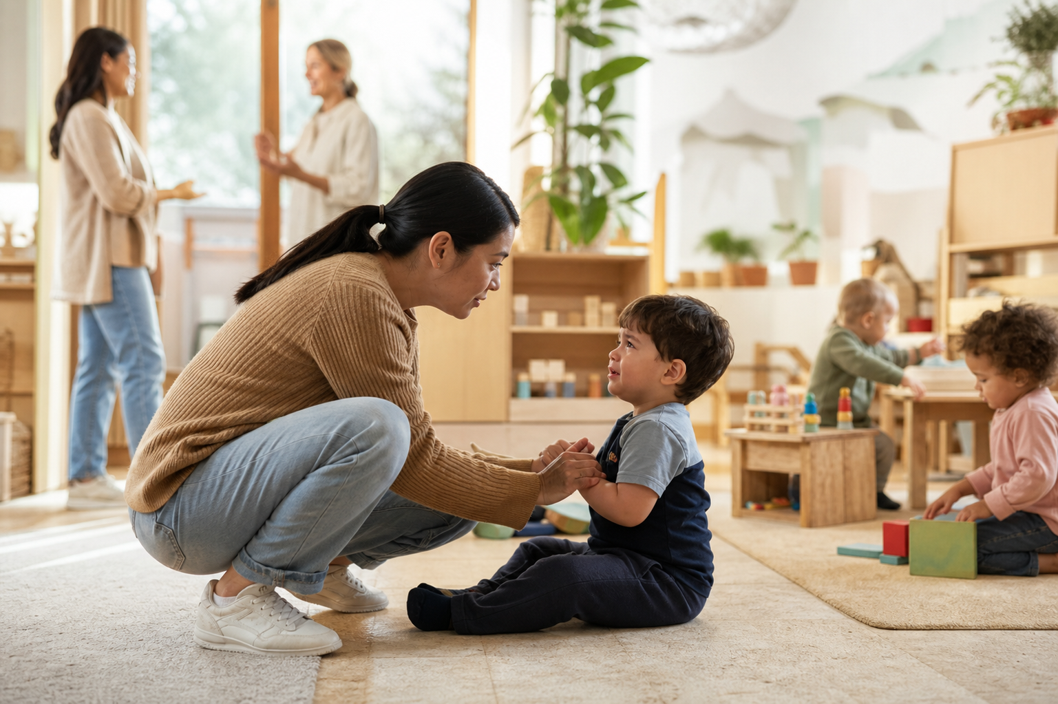 Créer une image éditoriale réaliste et chaleureuse dans une crèche lumineuse,