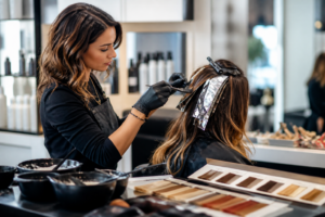 Créer une image éditoriale réaliste et élégante représentant une coiffeuse
