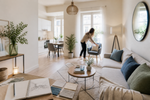 Créer une image éditoriale réaliste représentant le home staging : un petit