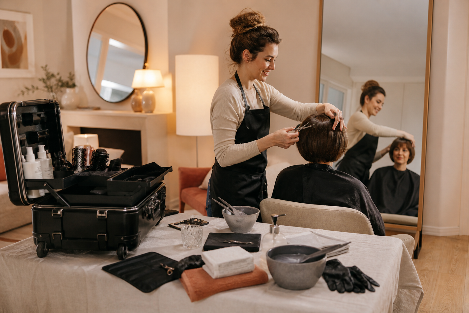 Créez une image éditoriale chaleureuse et réaliste représentant une coiffeuse à