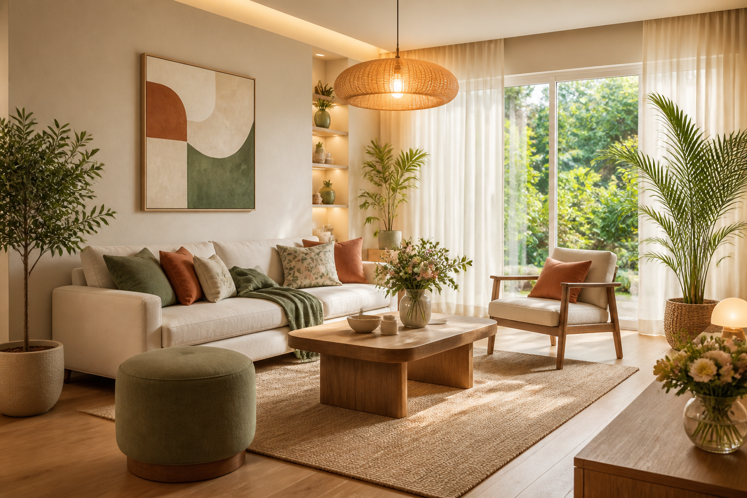 Créez une image éditoriale lumineuse et chaleureuse d’un salon contemporain