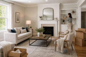 Photorealistic editorial interior design scene illustrating home staging before