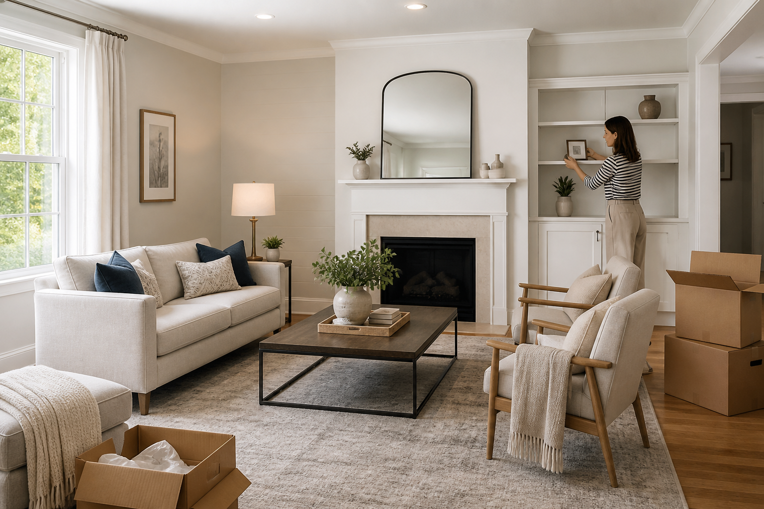 Photorealistic editorial interior design scene illustrating home staging before