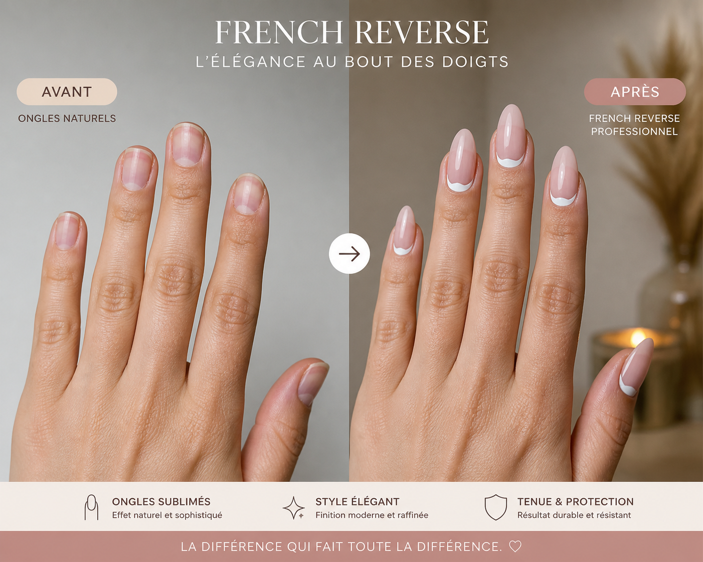 Avant/après client Side-by-side : ongles naturels → French Reverse