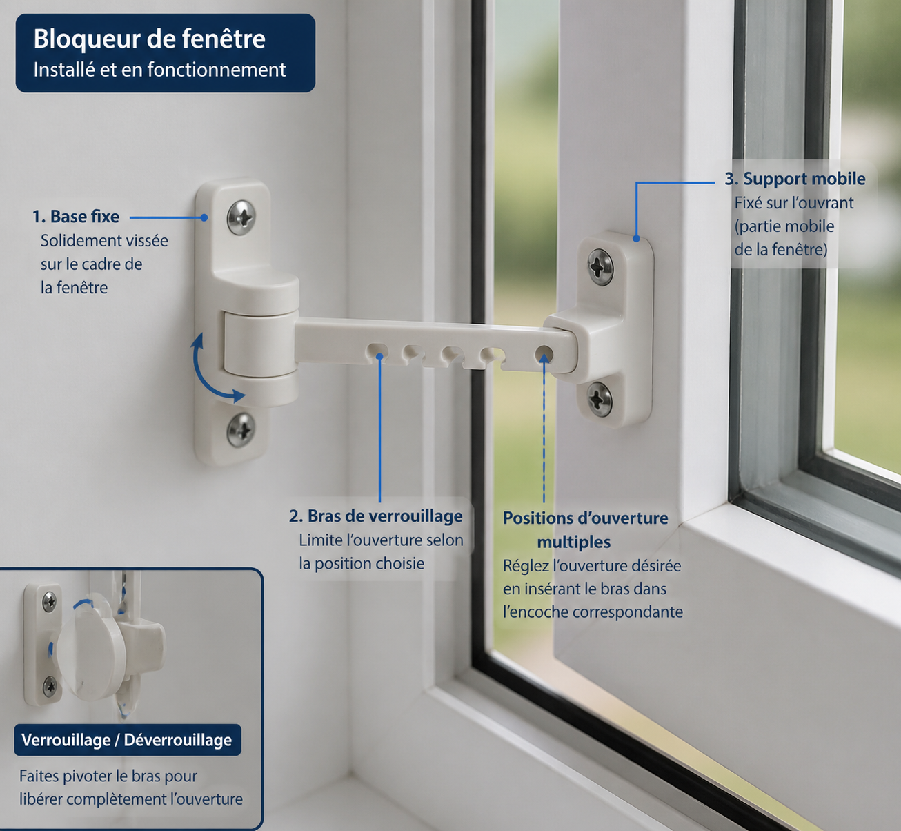 Bloqueur fenêtre installé (close-up fonctionnement)