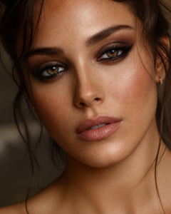 Create a high end editorial beauty close up of a woman with a flawless natural