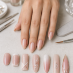 Create a high end editorial beauty photograph in a bright, elegant nail studio: