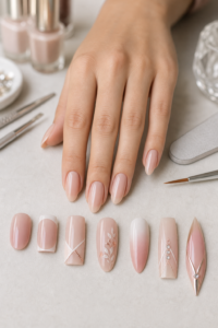 Create a high end editorial beauty photograph in a bright, elegant nail studio: