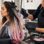 Create a high end editorial beauty photograph in a modern hair salon, featuring