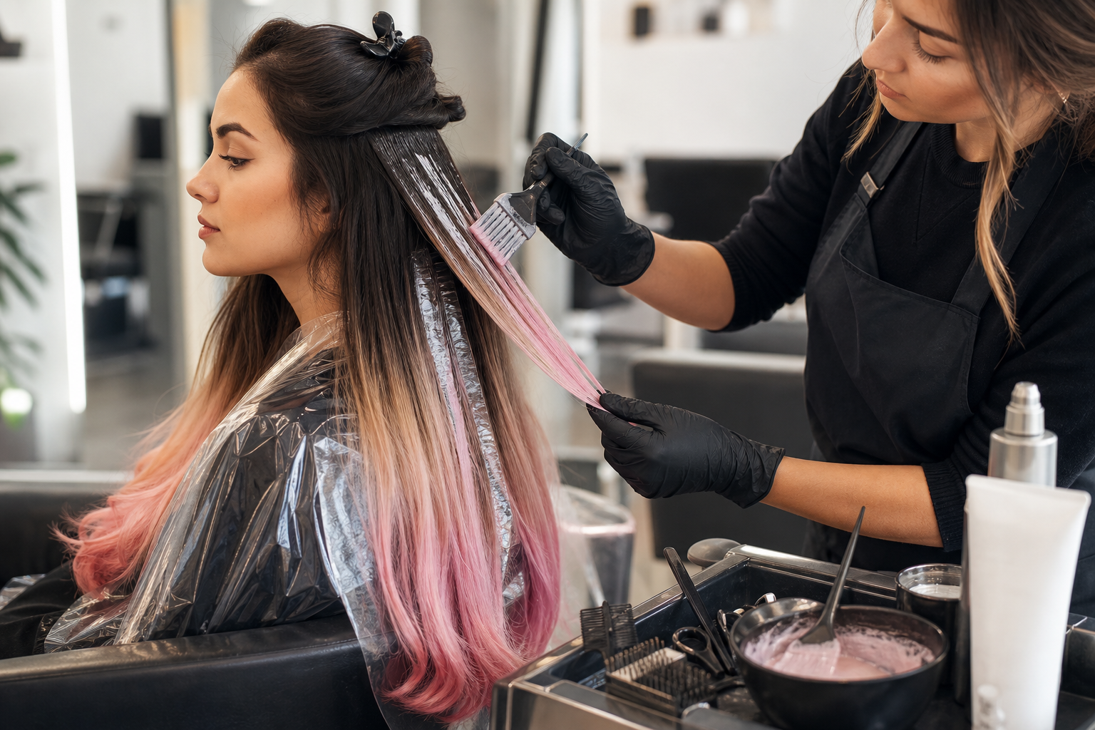 Create a high end editorial beauty photograph in a modern hair salon, featuring
