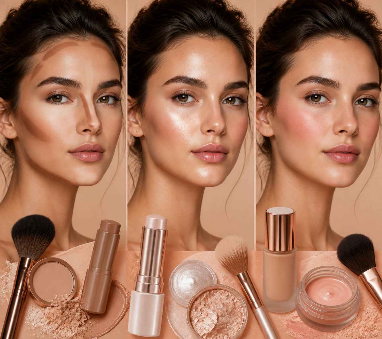 Créer une image éditoriale beauté haut de gamme illustrant trois façons de