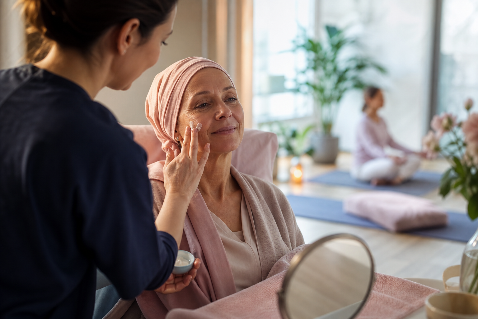 Créer une image éditoriale chaleureuse et réaliste illustrant les soins de