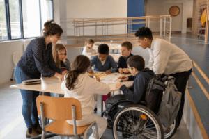 Créer une image éditoriale documentaire chaleureuse représentant une école