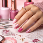 Créer une image éditoriale élégante et lumineuse consacrée au nail art rose :