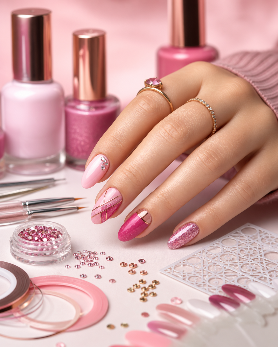 Créer une image éditoriale élégante et lumineuse consacrée au nail art rose :