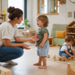 Créer une image éditoriale réaliste dans une crèche française lumineuse,