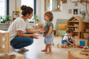 Créer une image éditoriale réaliste dans une crèche française lumineuse,