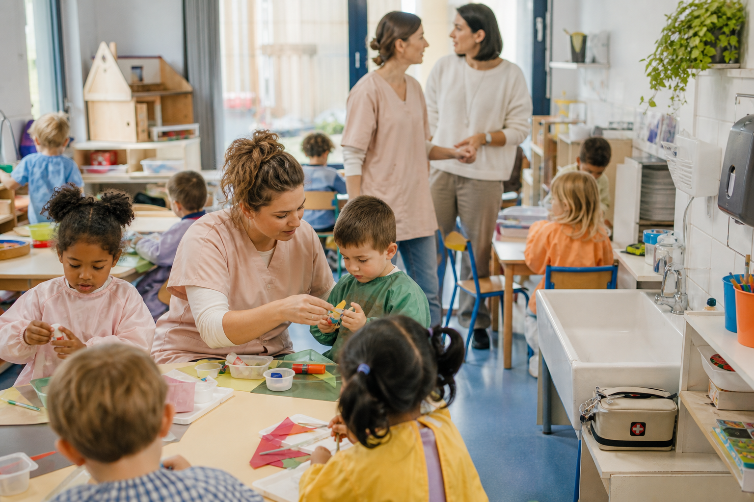 Créer une image éditoriale réaliste et chaleureuse dans une école maternelle