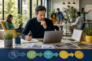 Créer une image éditoriale réaliste et inspirante représentant une reconversion