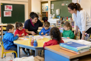 Créez une image éditoriale photo réaliste dans une école maternelle française,