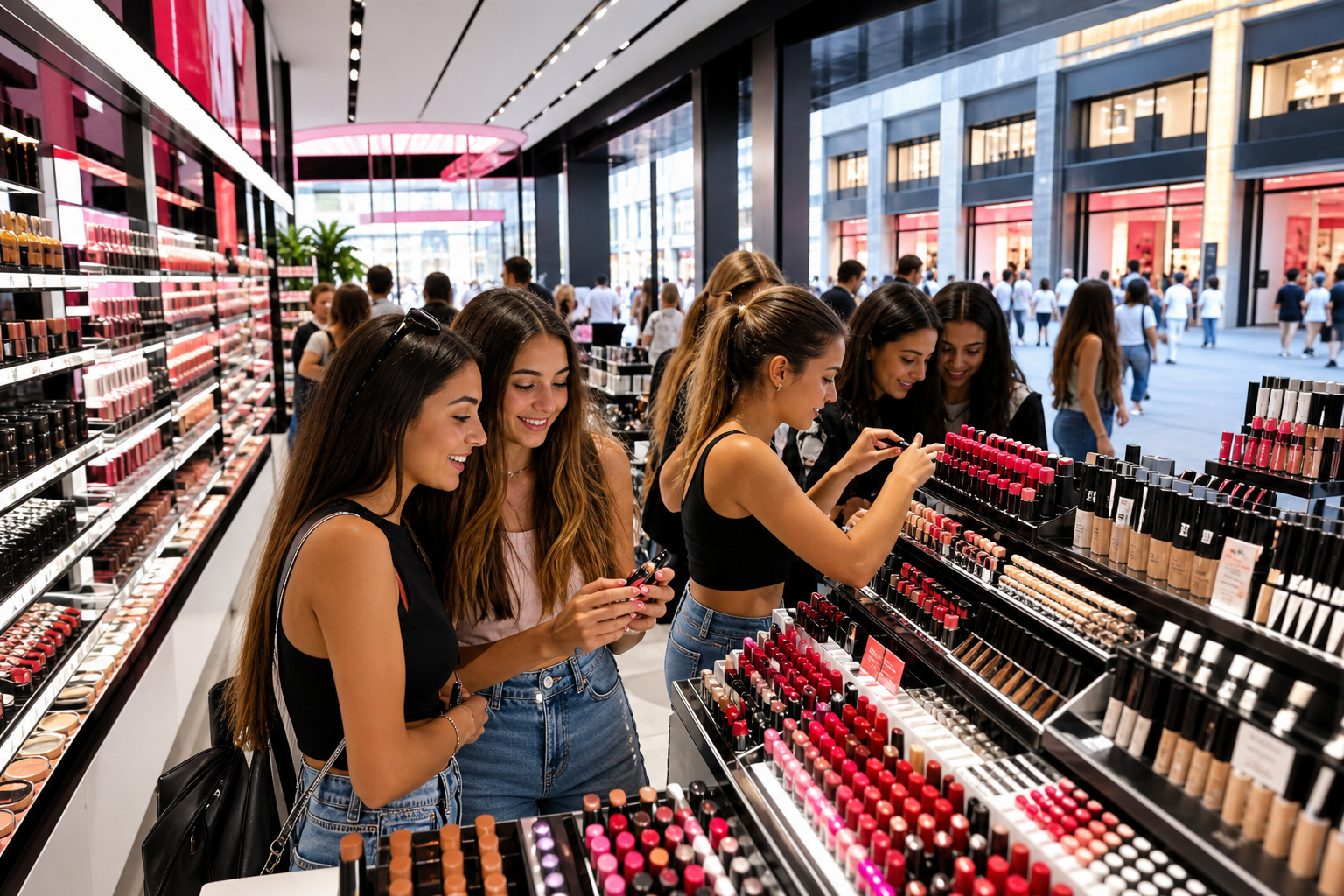 Créez une image éditoriale réaliste d’une enseigne de maquillage spécialisée et